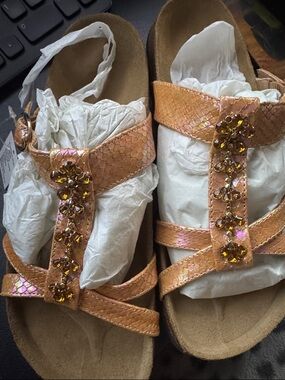 Birkenstock/Betula Metallic Peach Jeweled T-Strap Sandals